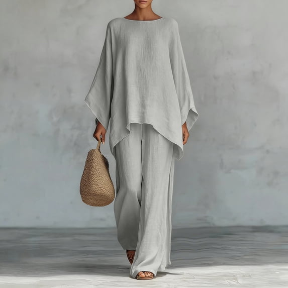 Xaqiouau Women 2 Piece Loungewear Round Neck Dolman Long Sleeve Top Elastic Waist Wide Leg Pants Summer Casual Cotton Blend Travel Daily Outfit Sets Gray XL