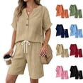 thumbnail image 1 of Xaqiouau Women 2 Piece Summer Casual Cotton Blend Crinkle Short Sleeve Notch Neck Button Top Elastic Waist Drawstring Knee Length Shorts Sets Khaki XXL, 1 of 5