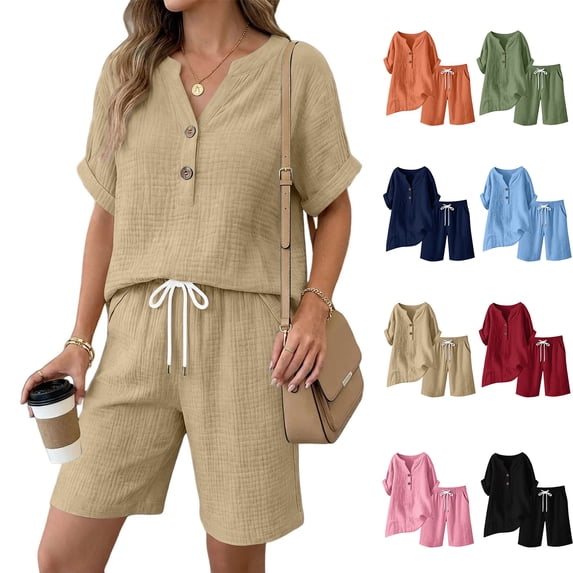 Xaqiouau Women 2 Piece Summer Casual Cotton Blend Crinkle Short Sleeve Notch Neck Button Top Elastic Waist Drawstring Knee Length Shorts Sets Khaki XXL