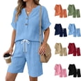 thumbnail image 1 of Xaqiouau Women 2 Piece Summer Casual Cotton Blend Crinkle Short Sleeve Notch Neck Button Top Elastic Waist Drawstring Knee Length Shorts Sets Light Blue XXL, 1 of 5