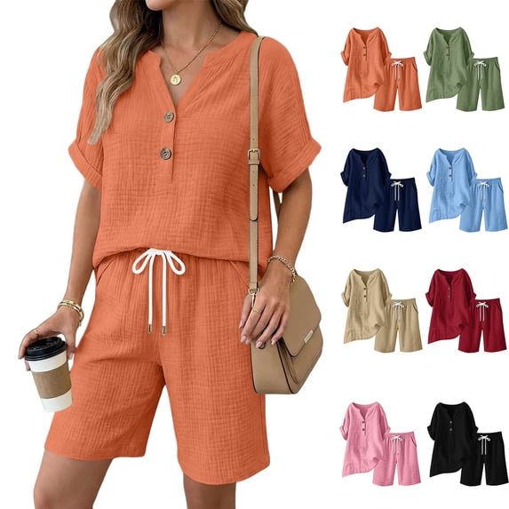 Xaqiouau Women 2 Piece Summer Casual Cotton Blend Crinkle Short Sleeve Notch Neck Button Top Elastic Waist Drawstring Knee Length Shorts Sets Orange L