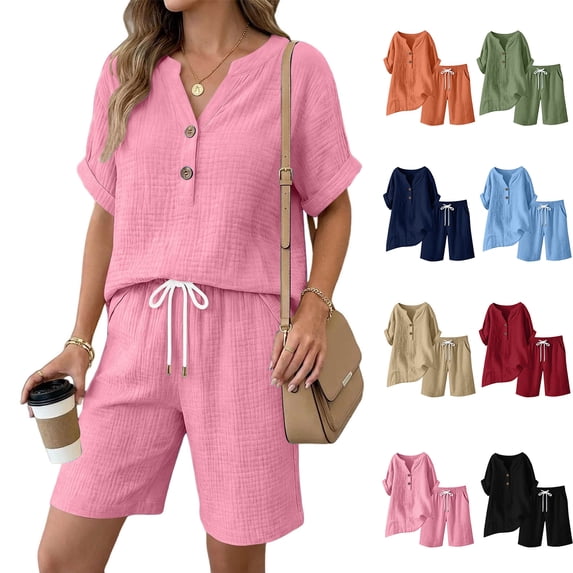 Xaqiouau Women 2 Piece Summer Casual Cotton Blend Crinkle Short Sleeve Notch Neck Button Top Elastic Waist Drawstring Knee Length Shorts Sets Pink S