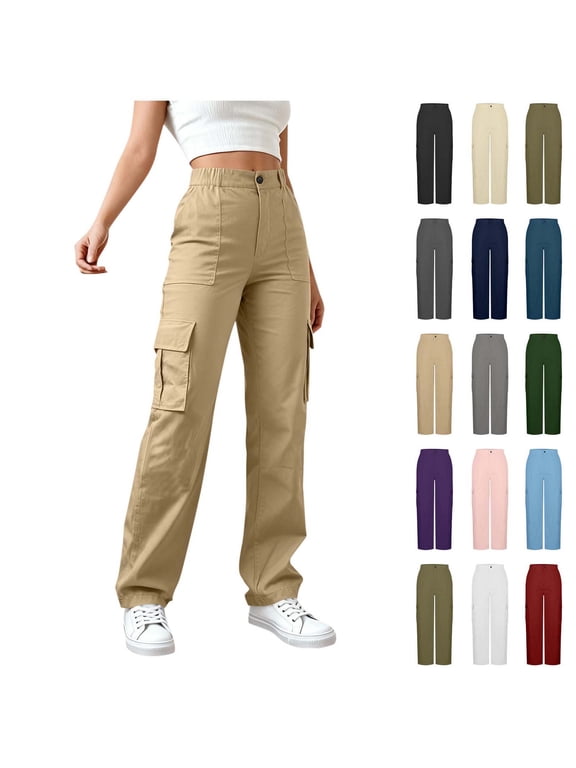 Women Cargo Pants High Waisted Khaki Cargo Pants Straight Leg Loose Fit Work Trousers Multi Pocket Casual Utility Pants