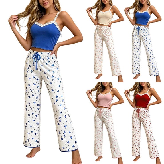 Xaqiouau Women Cute Floral Pajama Set Cami Tank Top and Pants 2 Piece Lounge Set Lace Trim Sleepwear Casual Home Outfit