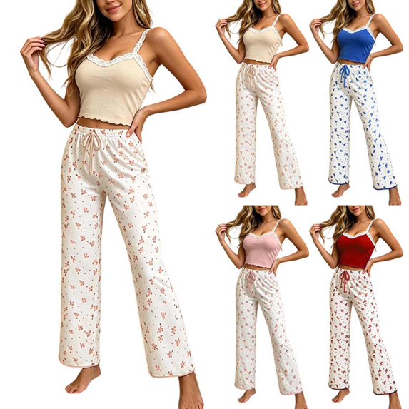 Xaqiouau Women Cute Floral Pajama Set Cami Tank Top and Pants 2 Piece Lounge Set Lace Trim Sleepwear Casual Home Outfit