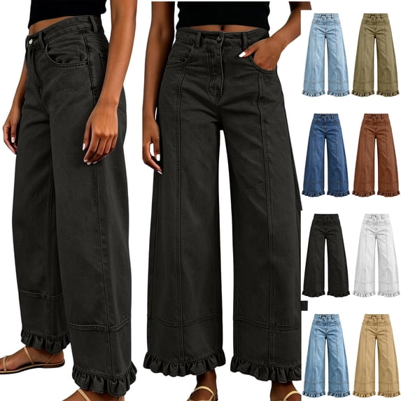 Xaqiouau Women High Waist Wide Leg Ruffled Hem Denim Jeans Fashion Trendy Solid Color Spliced Folded Cuff Pants All Season Casual Relaxed Fit Bottoms Black L