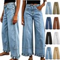 thumbnail image 1 of Xaqiouau Women High Waist Wide Leg Ruffled Hem Denim Jeans Fashion Trendy Solid Color Spliced Folded Cuff Pants All Season Casual Relaxed Fit Bottoms Blue XL, 1 of 2