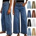 thumbnail image 1 of Xaqiouau Women High Waist Wide Leg Ruffled Hem Denim Jeans Fashion Trendy Solid Color Spliced Folded Cuff Pants All Season Casual Relaxed Fit Bottoms Dark Blue L, 1 of 8