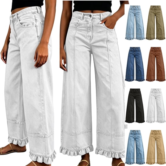 Xaqiouau Women High Waist Wide Leg Ruffled Hem Denim Jeans Fashion Trendy Solid Color Spliced Folded Cuff Pants All Season Casual Relaxed Fit Bottoms White M