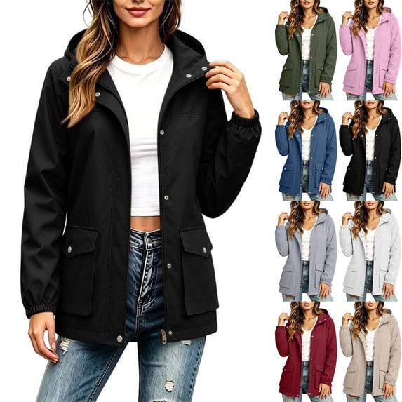 Xaqiouau Women Hooded Waterproof Mid Length Rain Jacket Casual Drawstring Windbreaker with Flap Pockets Lightweight Outdoor Coat