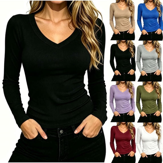 Xaqiouau Women Long Sleeve V Neck Tops Ribbed Knit Slim Fit Casual Stretch Basic Shirt for Women