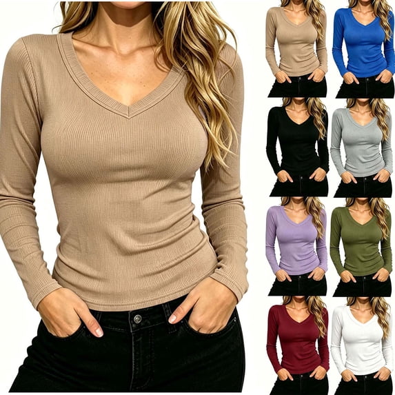 Xaqiouau Women Long Sleeve V Neck Tops Ribbed Knit Slim Fit Casual Stretch Basic Shirt for Women