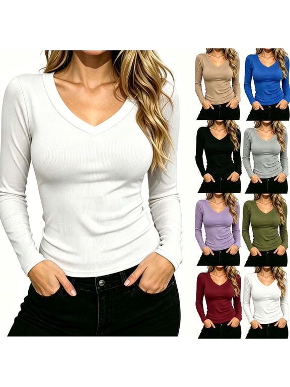 Women Long Sleeve V Neck Tops Ribbed Knit Slim Fit Casual Stretch Basic Shirt for Women