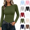 thumbnail image 1 of Xaqiouau Women Polyester Fine Rib Knit Solid Crew Neck Side Ruched Fitted Long Sleeve Autumn Winter Slim Layering Base Casual T-Shirt Top Army Green M, 1 of 1