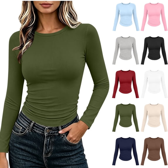 Xaqiouau Women Polyester Fine Rib Knit Solid Crew Neck Side Ruched Fitted Long Sleeve Autumn Winter Slim Layering Base Casual T-Shirt Top Army Green M