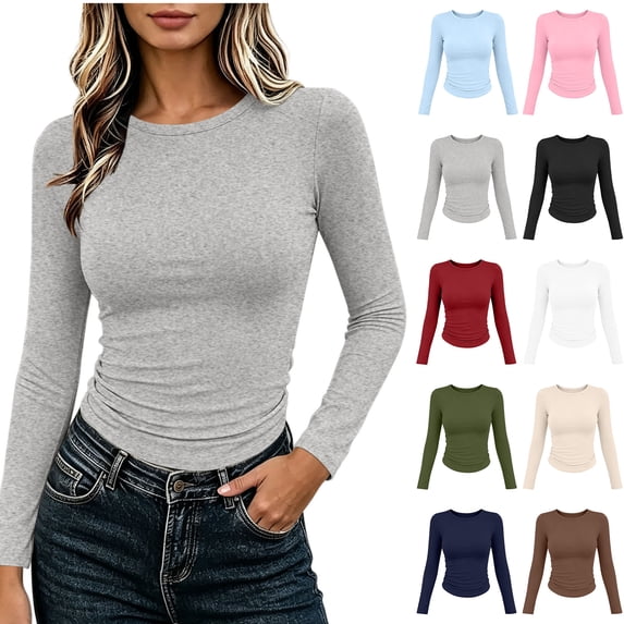 Xaqiouau Women Polyester Fine Rib Knit Solid Crew Neck Side Ruched Fitted Long Sleeve Autumn Winter Slim Layering Base Casual T-Shirt Top Gray XXL