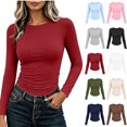 thumbnail image 1 of Xaqiouau Women Polyester Fine Rib Knit Solid Crew Neck Side Ruched Fitted Long Sleeve Autumn Winter Slim Layering Base Casual T-Shirt Top Red XXL, 1 of 1