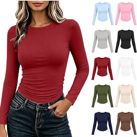 Xaqiouau Women Polyester Fine Rib Knit Solid Crew Neck Side Ruched Fitted Long Sleeve Autumn Winter Slim Layering Base Casual T-Shirt Top Red XXL