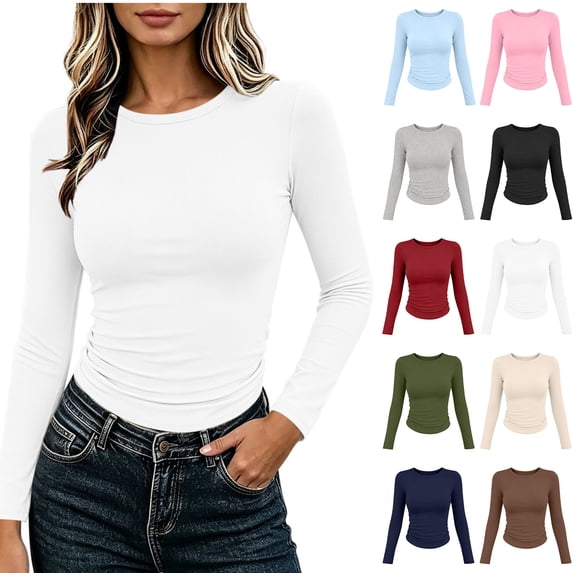 Xaqiouau Women Polyester Fine Rib Knit Solid Crew Neck Side Ruched Fitted Long Sleeve Autumn Winter Slim Layering Base Casual T-Shirt Top White M
