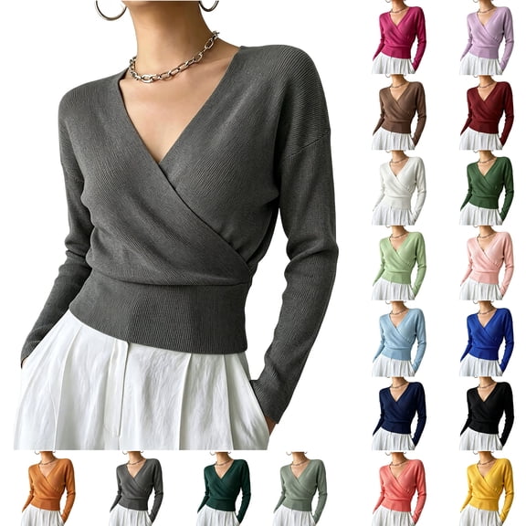 Xaqiouau Women Pure Acrylic Knit Fabric Solid Wrap V Neck Side Tie Adjustable Cinched Waist Slim Long Sleeve Elegant Pullover Blouse Top Dark Gray M