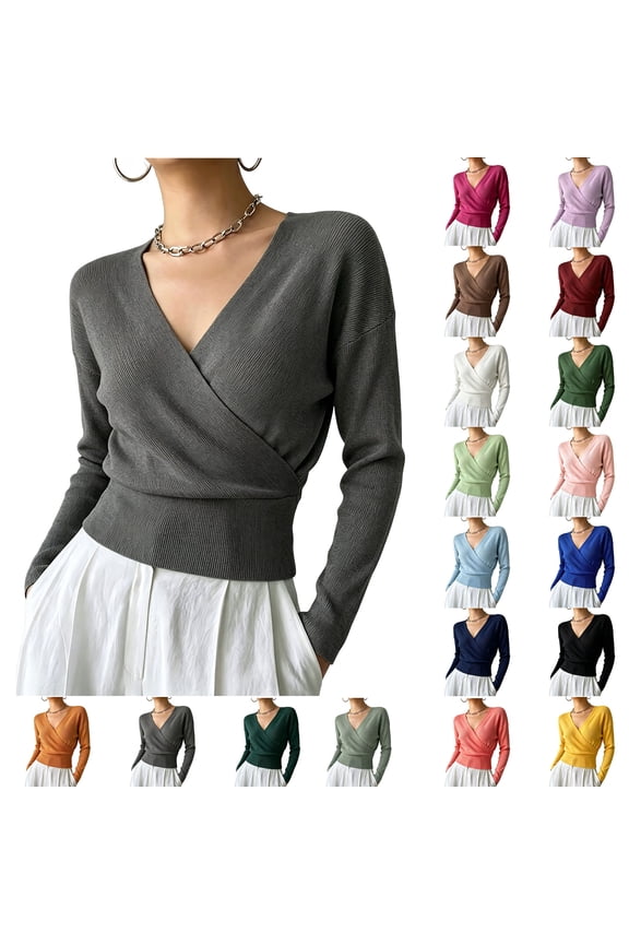 Women Pure Acrylic Knit Fabric Solid Wrap V Neck Side Tie Adjustable Cinched Waist Slim Long Sleeve Elegant Pullover Blouse Top Dark Gray S