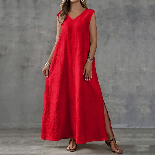 solid red dress deep v neck Xaqiouau Women Sleeveless V‑Neck Side Slit Pocketed Relaxed Silhouette Maxi Cotton Linen Textured Color Summer Daily Staple Dress L category_mini-dresses Dress One:5-6 Charm and Comfort: Rustic Evening 92 cm / 34.5