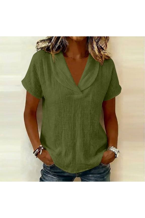 Women Solid Color Cowl Pan Collar V‑Neck Short Sleeve Blouse Crinkle Gauze Cotton Blend Relaxed Fit Summer Resort Tops Army Green XL