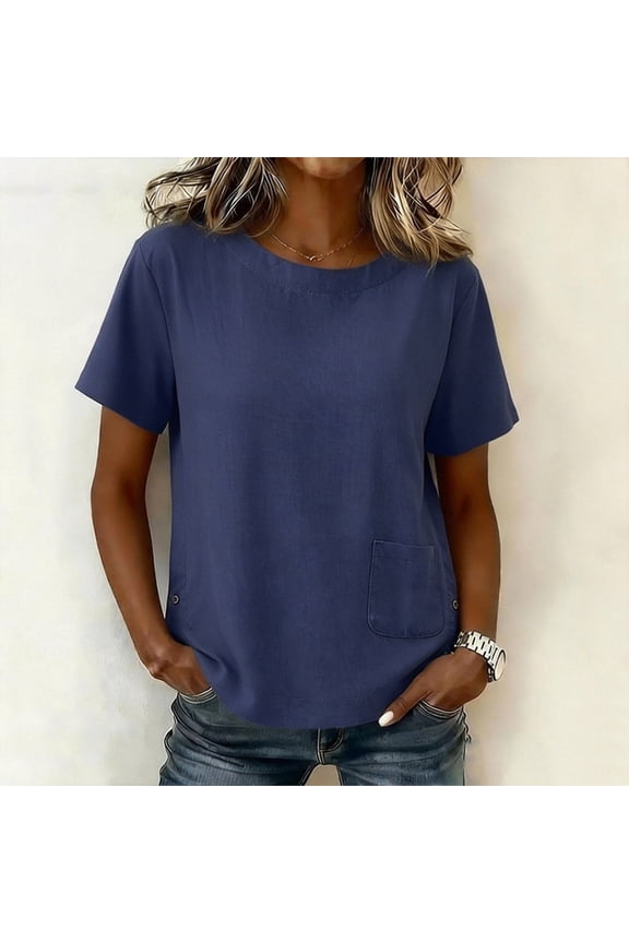 Women Solid Color Crew Neck Ruffle Short Sleeve Top Relaxed Fit Cotton Linen Blend Summer Resort Plus Size Blouses Navy XL