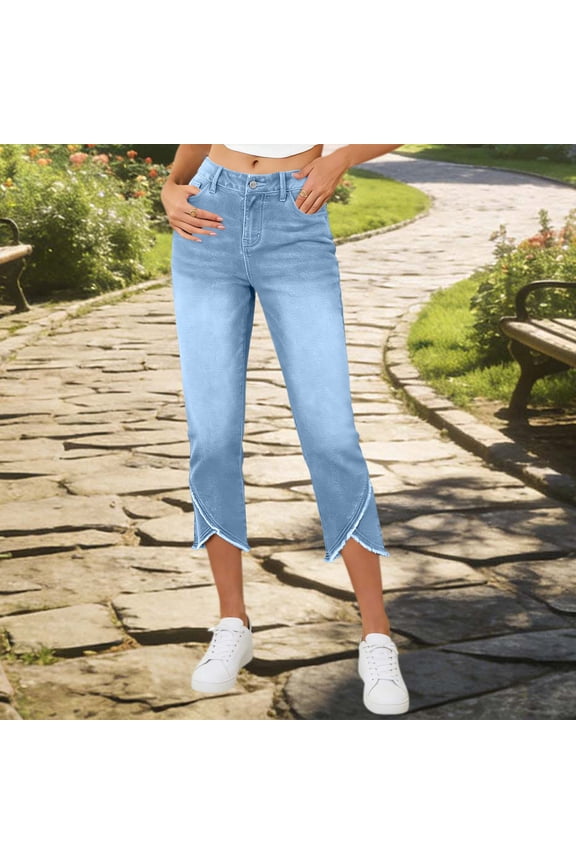 Women Solid Color High Waist Stretchy Cropped Skinny Jeans Back Pockets Fashion Casual Summer Daily Wear Light Blue M