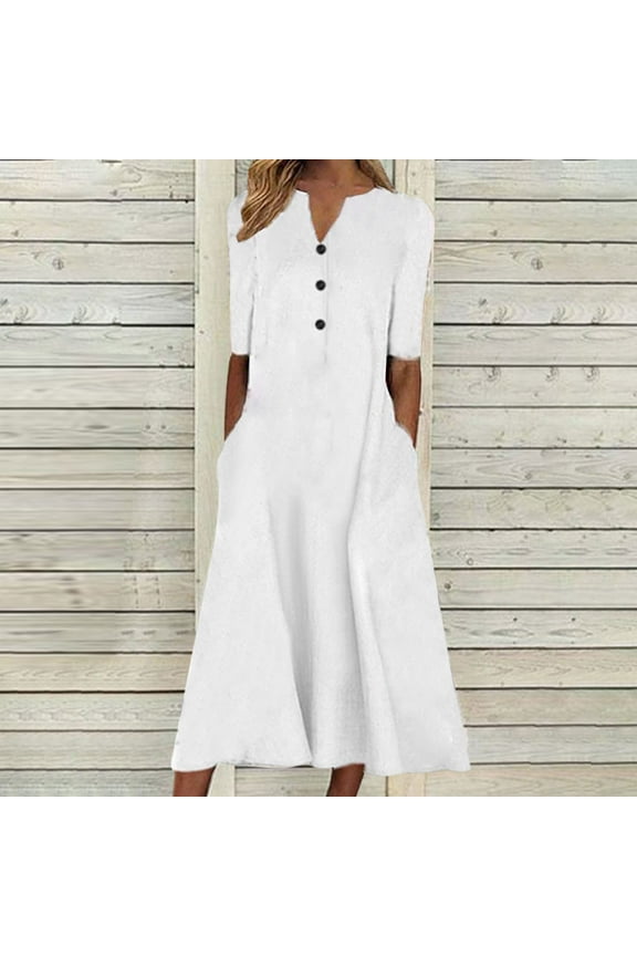 Women Solid Color Notched V‑Neck Maxi Dress Short Sleeve Partial Placket Buttons Functional Side Pockets Relaxed A‑Line Polyester Smooth Resort Summer Dresses White S