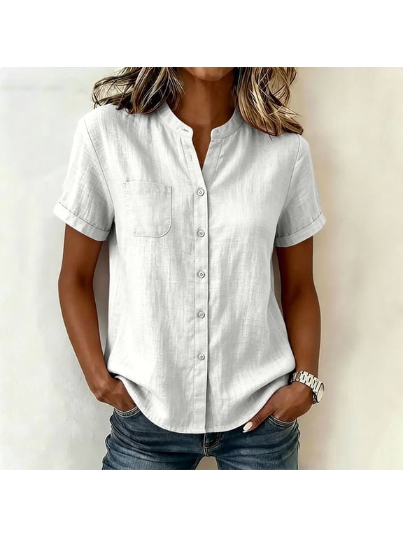Women Solid Color Partial Button Down V‑Neck Short Sleeve Blouse Relaxed Fit Cotton Linen Blend Summer Resort Tops White M