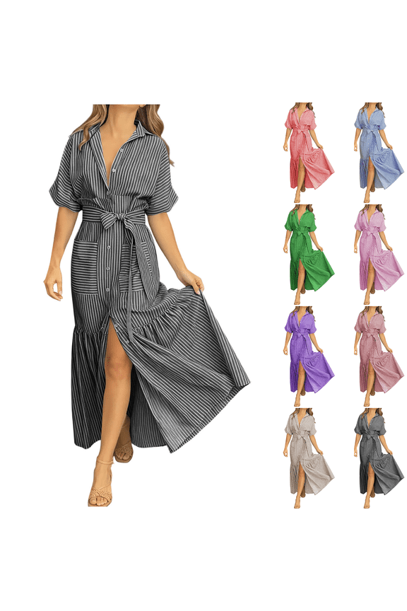 Women Solid Color V Neck Short Sleeve Wrap Maxi Dress Waist Tie Front Slit Elegant Flowy Boho Chic Casual Vacation Daily Summer Dress Black L