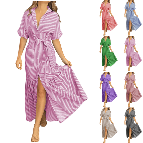 Xaqiouau Women Solid Color V Neck Short Sleeve Wrap Maxi Dress Waist Tie Front Slit Elegant Flowy Boho Chic Casual Vacation Daily Summer Dress Pink XXL