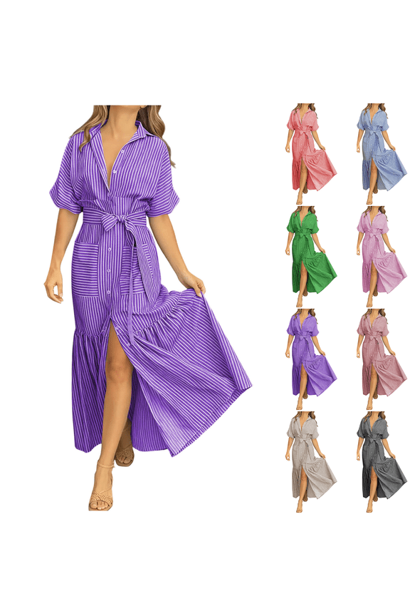 Women Solid Color V Neck Short Sleeve Wrap Maxi Dress Waist Tie Front Slit Elegant Flowy Boho Chic Casual Vacation Daily Summer Dress Purple S