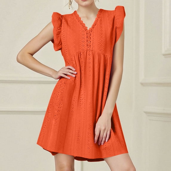 Xaqiouau Women Solid Eyelet Mini Dress Ruffle Sleeve V Neck Lace Trim A Line Casual Summer Beach Vacation Sundress