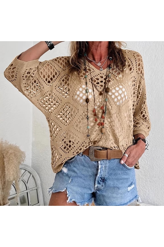 Women Solid Hollow Out Knit Sweater V Neck Batwing Sleeve Casual Loose Fit Pullover Tops Lightweight Breathable Blouse for Spring Summer Fall