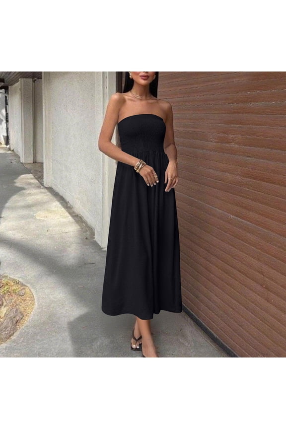 Women Solid Strapless Tube Top Smocked Midi Dress Sleeveless Flowy A Line Casual Summer Sundress for Beach Vacation Party Daily Wear