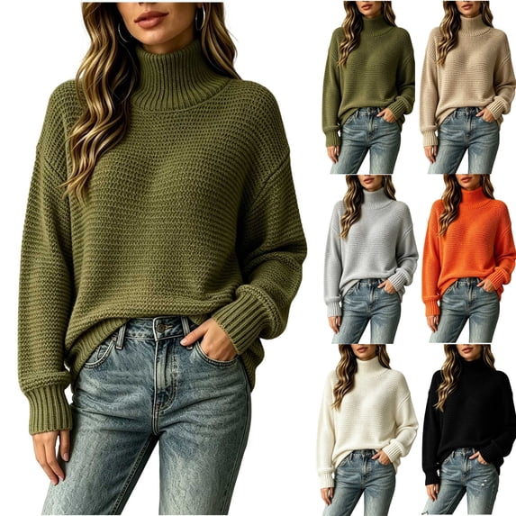 Xaqiouau Women Thick Textured Waffle Knit Turtleneck Sweater Soft Blend Oversized Long Sleeve Rib Cuff Fall Winter Warm Pullover Top Army Green M