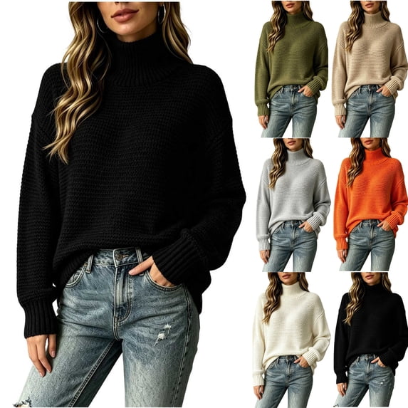 Xaqiouau Women Thick Textured Waffle Knit Turtleneck Sweater Soft Blend Oversized Long Sleeve Rib Cuff Fall Winter Warm Pullover Top Black L