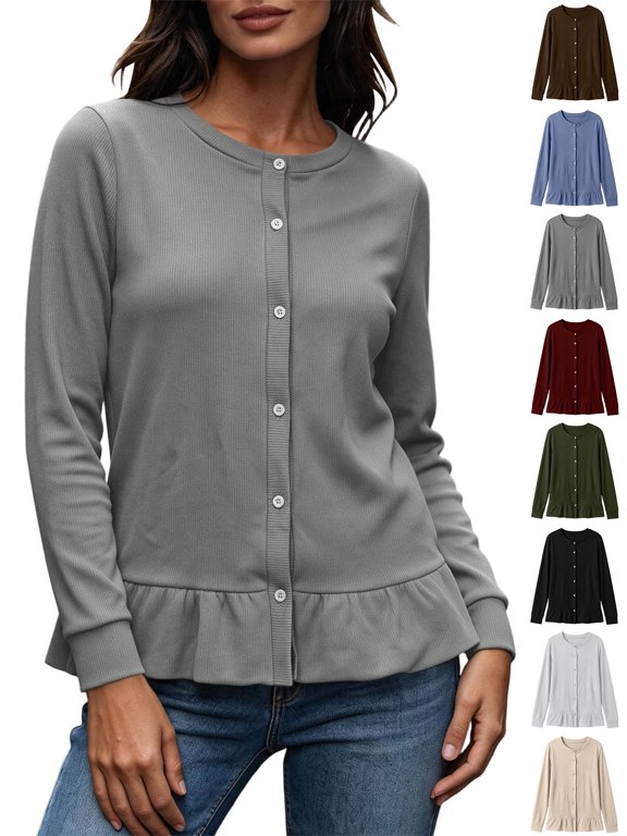Women's Button Down Ribbed Cardigan Long Sleeve Crew Neck Jacket With Pockets Ruffle Hem Solid Color Casual Fall Winter Everyday Wear Gray S