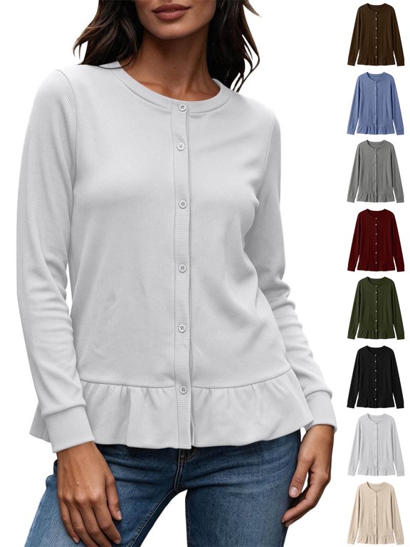Women's Button Down Ribbed Cardigan Long Sleeve Crew Neck Jacket With Pockets Ruffle Hem Solid Color Casual Fall Winter Everyday Wear White L