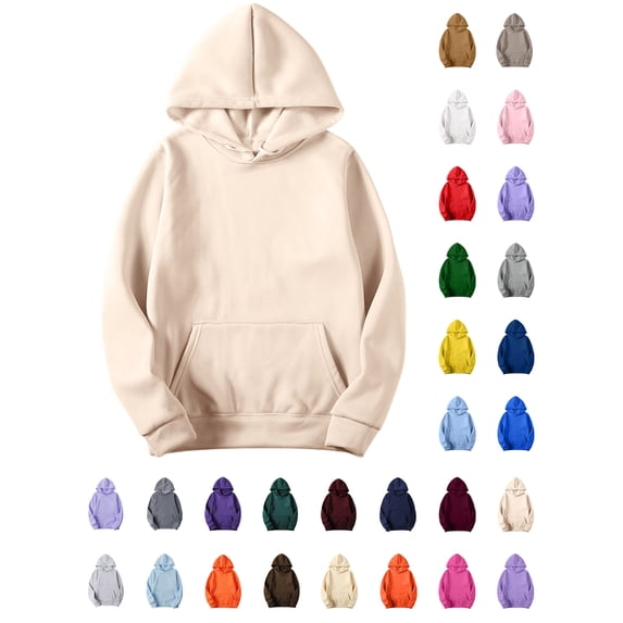 Xaqiouau Women's Casual Hoodie Pullover Long Sleeve Hooded Sweatshirt with Kangaroo Pocket Solid Color Fall Winter Everyday Basic Layer 1-Beige L