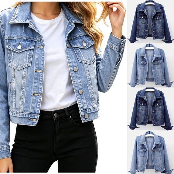 Xaqiouau Women's Classic Collared Long Sleeved Solid Color Button Pocket Denim Jacket Cropped Jean Coat Everyday Casual Streetwear Outwear Blue XXXL