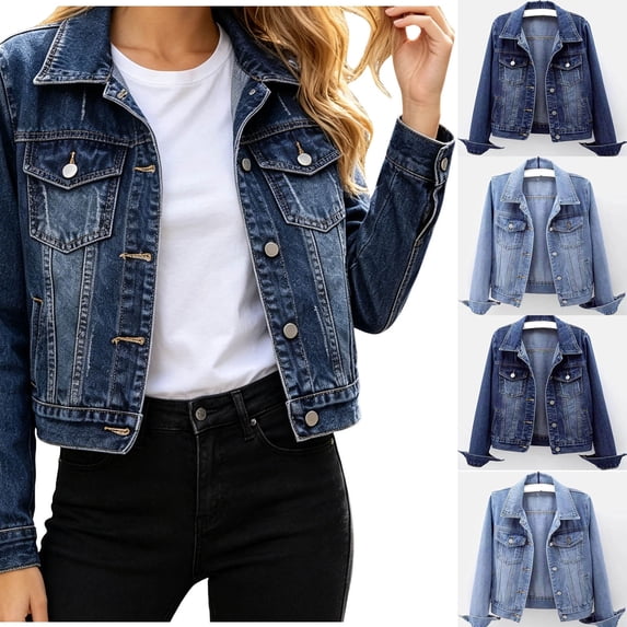 Xaqiouau Women's Classic Collared Long Sleeved Solid Color Button Pocket Denim Jacket Cropped Jean Coat Everyday Casual Streetwear Outwear Navy L