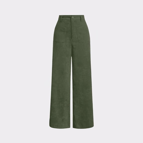 Xaqiouau Women's Corduroy High Waist Wide Leg Trousers | Front Patch Pocket Casual Pants