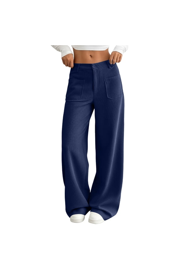 Women's Corduroy High Waist Wide Leg Trousers | Front Patch Pocket Casual Pants