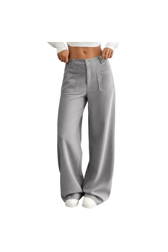 Women's Corduroy High Waist Wide Leg Trousers | Front Patch Pocket Casual Pants