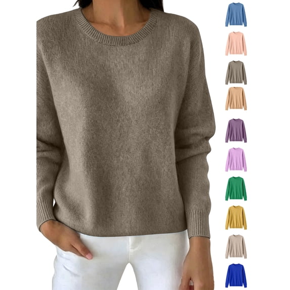 Xaqiouau Women's Crew Neck Knit Pullover Sweater Solid Color Long Sleeve Straight Fit Ribbed Trim Basic Winter Top Casual Warm Everyday Wear Brown XL