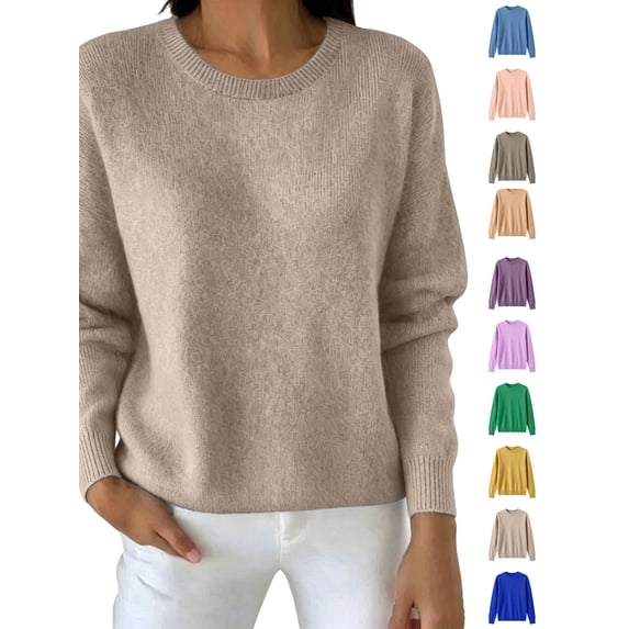 Xaqiouau Women's Crew Neck Knit Pullover Sweater Solid Color Long Sleeve Straight Fit Ribbed Trim Basic Winter Top Casual Warm Everyday Wear Hot Pink M