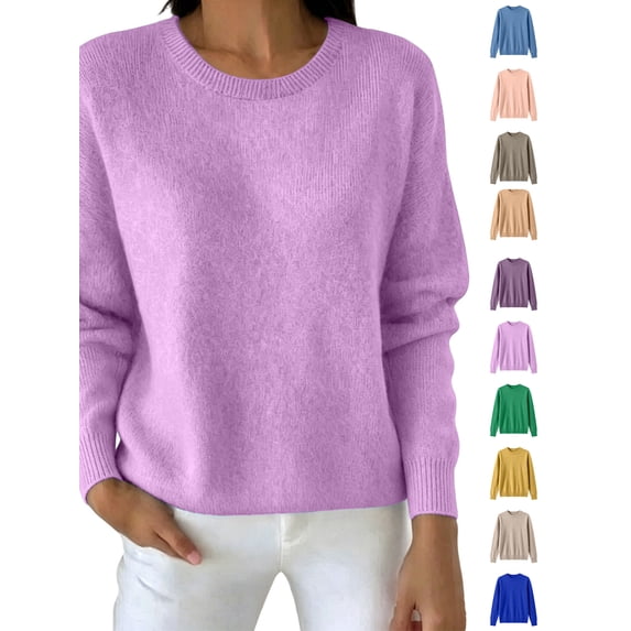 Xaqiouau Women's Crew Neck Knit Pullover Sweater Solid Color Long Sleeve Straight Fit Ribbed Trim Basic Winter Top Casual Warm Everyday Wear Rose Gold XL